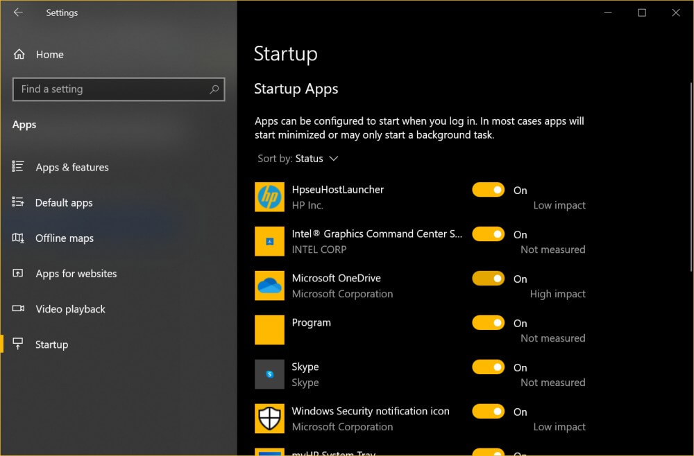 Startup tab in windows 10