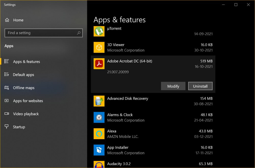 app and features settings in windows 10