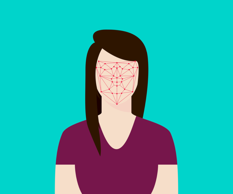 Female vector image with scanned face for facial authentication