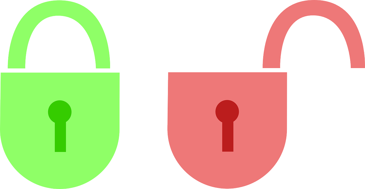 Green closed vector padlock and red opened vector padlock